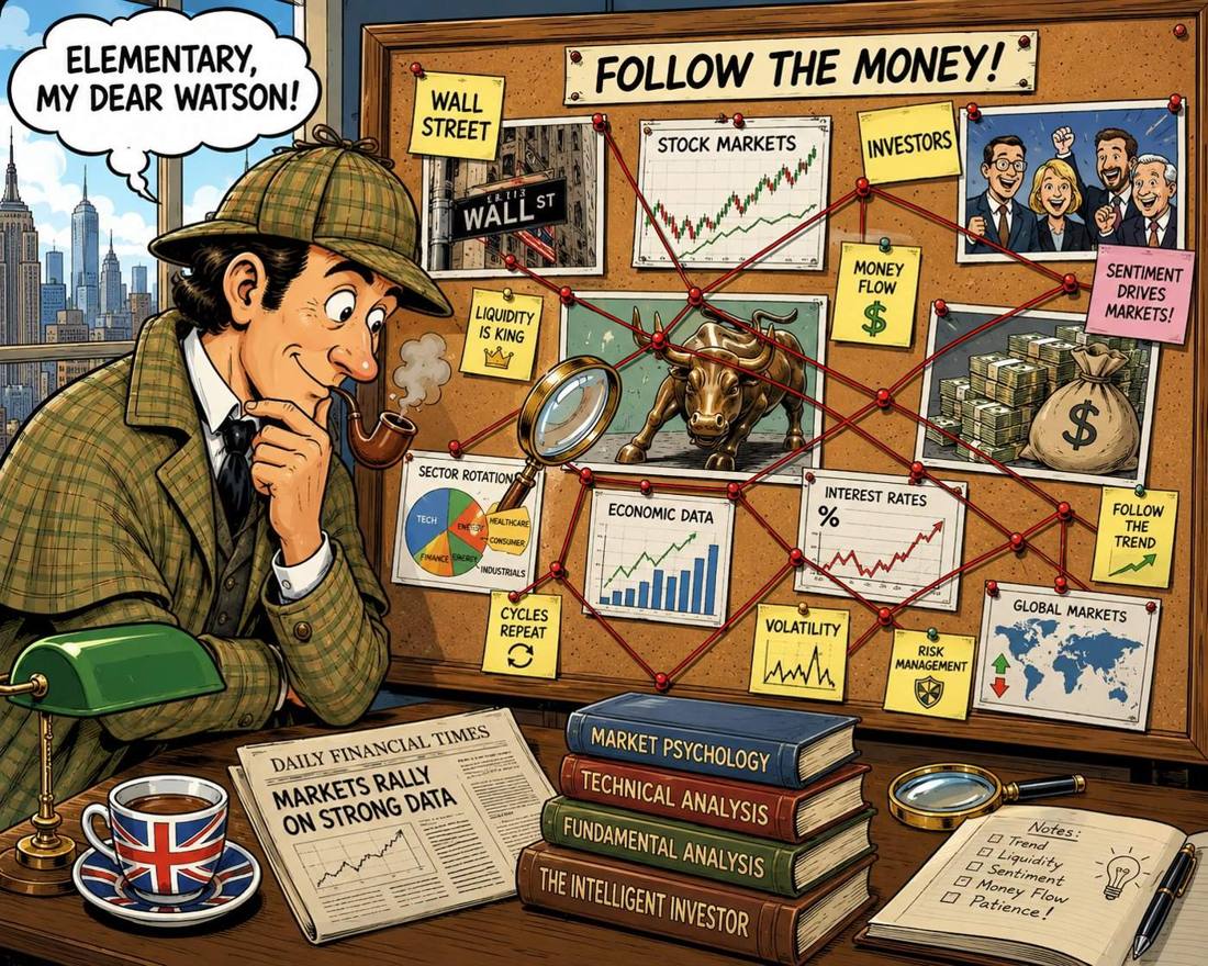 A detective at a cork board, photographs and notes joined by red string under the heading Follow the money
