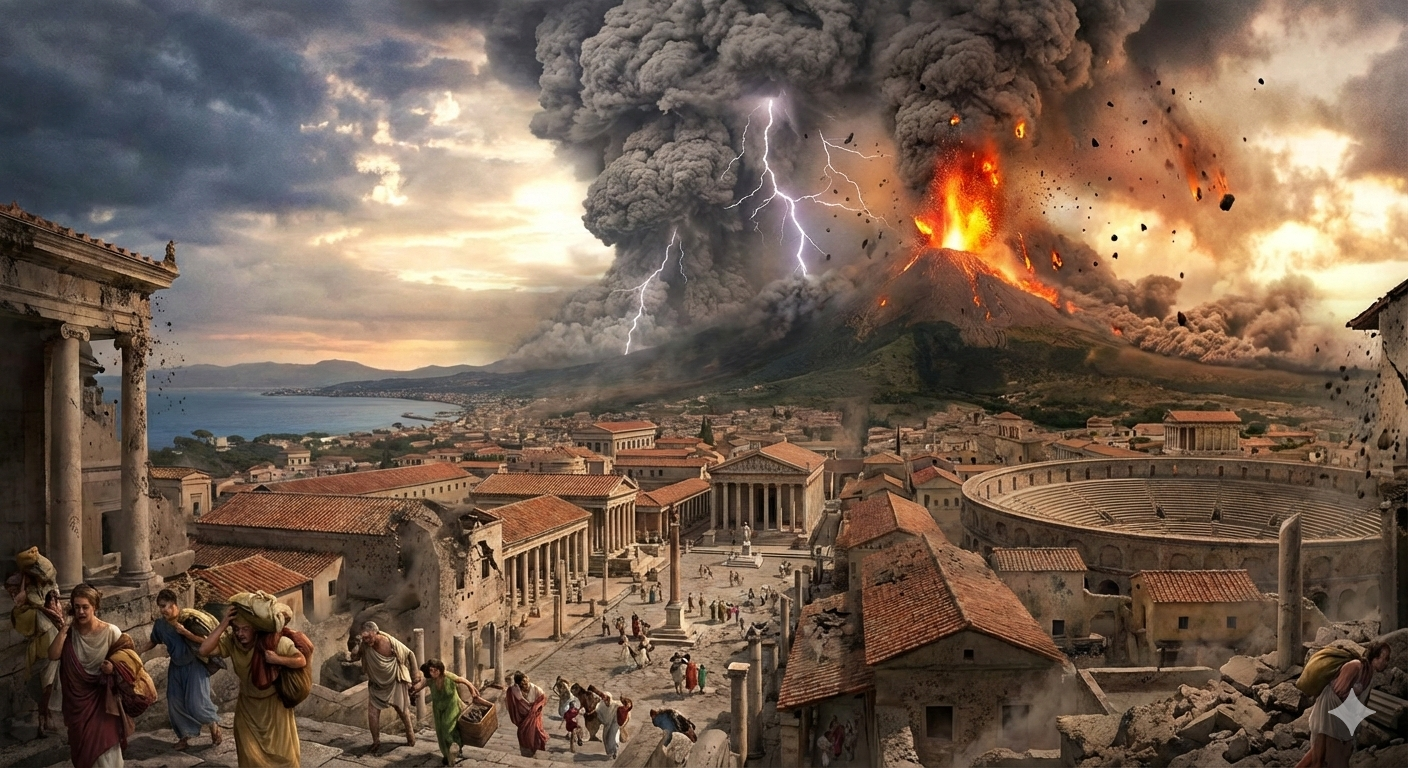 Ruins of Pompeii with Mount Vesuvius